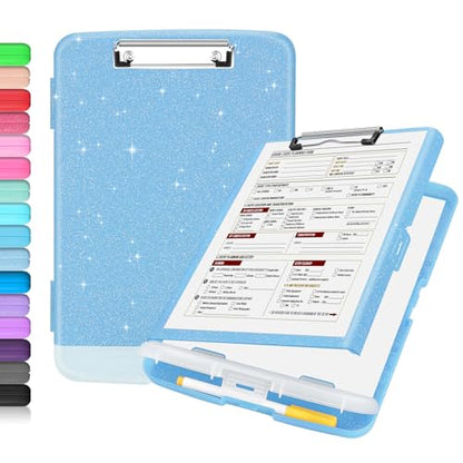 Sooez Glitter Clipboard with Storage, High Capacity Clip Boards 8.5x11 with Pen Holder, Cute Clipboards with Low Profile Clip, Sparkle Plastic Organizer Case Box for Women & Kids, Side Opening - color: Glitter Blue