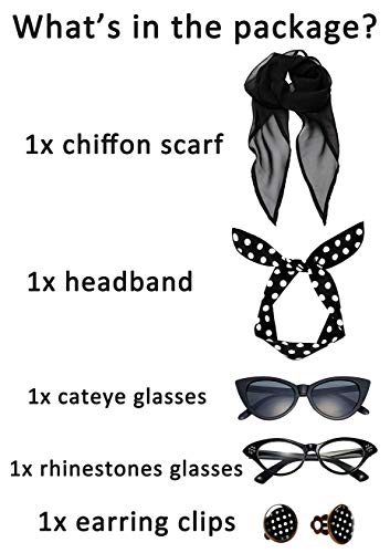 Breevo 50s Costume Accessories Set Women Scarf Headband Glasses | Includes Bandana Scarf, Headband, Clip-on Earrings, and Cat-Eye Glasses; Chiffon Scarf - color: Black
