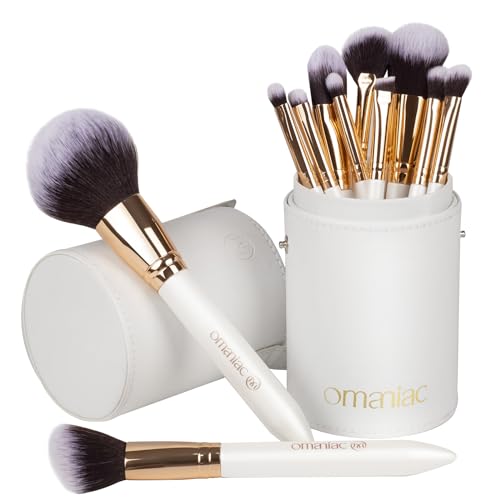 OMANIAC Makeup Brush Set Professional, 12 Pearlescent Wood Handle Makeup Brushes, Premium Cruelty-Free Synthetic Fiber Hair, Travel Make up Brushes Set with Case (White). - color: Rose Gold and White, size: 12pcs