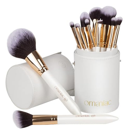 OMANIAC Makeup Brush Set Professional, 12 Pearlescent Wood Handle Makeup Brushes, Premium Cruelty-Free Synthetic Fiber Hair, Travel Make up Brushes Set with Case (White). - color: Rose Gold and White, size: 12pcs