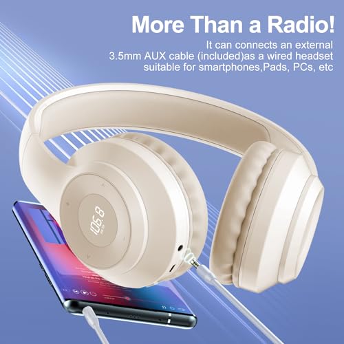 X5 Rechargeable & Portable FM Radio Headphones (Beige) | Best Reception, LED Display, Soft Ear Muffs,Headphones with Radio Built in, FM Receiver for Meeting, Works, Hiking, Jogging - color: Beige