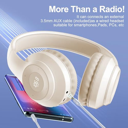 X5 Rechargeable & Portable FM Radio Headphones (Beige) | Best Reception, LED Display, Soft Ear Muffs,Headphones with Radio Built in, FM Receiver for Meeting, Works, Hiking, Jogging - color: Beige