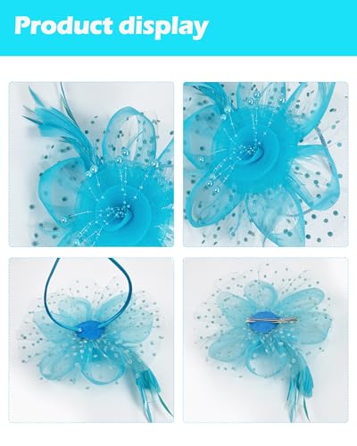 Fascinator Tea Party Hat Women 20s 50s Wedding Cocktail Flower Mesh Feathers Hair Clip for Carnival Halloween - color: A-lake Blue