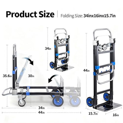 Upgraded 3 in 1 Convertible Hand Truck Aluminium Dolly Cart with Wheels Folding Hand Truck 660lbs Capacity, Collapsible Dolly and Retractable Handle for Warehouse Supermarket
