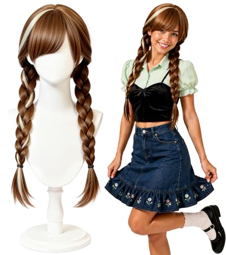 Brown Twin Ponytail Princess Wig, Long Braided Cosplay Wig Set | Adjustable cap included, synthetic brown braided wig for Halloween, parties, festivals, cosplay, and costume dress-up - color: Brown