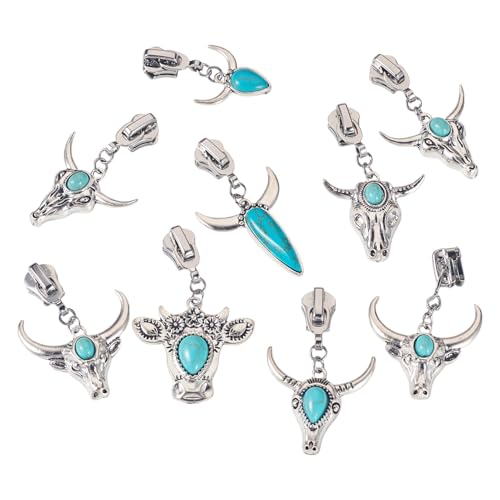 Sparkeads 14Pcs Turquoise Alloy Zipper Replacement Slider,Antique Silver Zippers Sliders for Sewing,Metal Zipper Pull Replacement for DIY Craft Bag Luggage Clothing Wallet Jacket Supplies-Cattle Head - style: Cattle Head