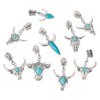 Sparkeads 14Pcs Turquoise Alloy Zipper Replacement Slider,Antique Silver Zippers Sliders for Sewing,Metal Zipper Pull Replacement for DIY Craft Bag Luggage Clothing Wallet Jacket Supplies-Cattle Head - style: Cattle Head