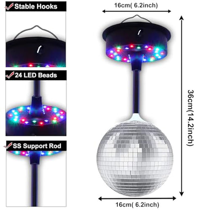 Remote Control 6 Inch Rotating Mirrors Disco Ball Light with 5RPM-9RPM Adjustable Rotary Motor 24 RGB LED Mood Lights Great for Home Party Dance Holiday Christmas Decoration（USB/Battery Powered）