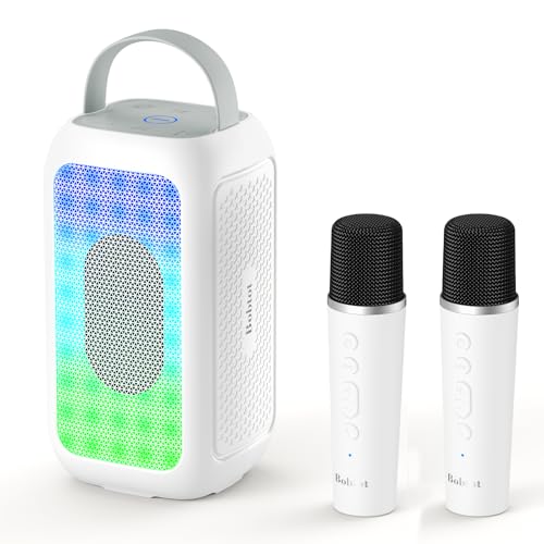 Bobtot Portable Bluetooth Speaker with 2 Mics, 16H Playtime, White | Karaoke Speakers Singing Machine with 2 Wireless Microphones, Magic Sound, Echo, EQ Mode for Outdoor, Travel, Sport - color: White, size: With 2 Mics