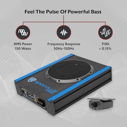 Rockville USS8 8" Slim Under-Seat Active Powered Car/Truck Subwoofer | 600W Peak / 150W RMS, Bass Knob, CEA-2006 Compliant, RCA and High Level Inputs, Auto Turn-On, Built-In Amp, 2.9" Profile