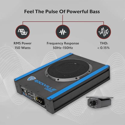 Rockville USS8 8" Slim Under-Seat Active Powered Car/Truck Subwoofer | 600W Peak / 150W RMS, Bass Knob, CEA-2006 Compliant, RCA and High Level Inputs, Auto Turn-On, Built-In Amp, 2.9" Profile
