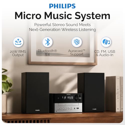 Philips Bluetooth Stereo System for Home with CD Player for Home, Wireless Streaming Bluetooth 5.4 & Auracast, Upgraded 20W Sound, MP3, USB, Audio in, FM Radio, Micro Music Sound System - size: 20W Stereo system