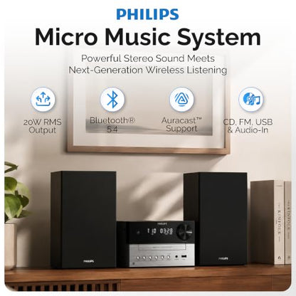 Philips Bluetooth Stereo System for Home with CD Player for Home, Wireless Streaming Bluetooth 5.4 & Auracast, Upgraded 20W Sound, MP3, USB, Audio in, FM Radio, Micro Music Sound System - size: 20W Stereo system
