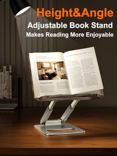 Tounee Book Stand for Reading, Telescopic Book Holder, Adjustable Height Pull Out Design Ergonomic Cookbook Stand with Elastic Page Clips Fits All Books - color: Silver