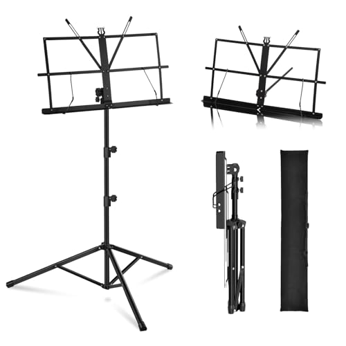 MOSEN Folding Music Stand 2-in-1 Dual-Use & Desktop Book Stand Lightweight Adjustable Metal Sheet Music Stand, Portable Desktop Stand with Carrying Bag, 1 Pack, Black - color: Matte Black