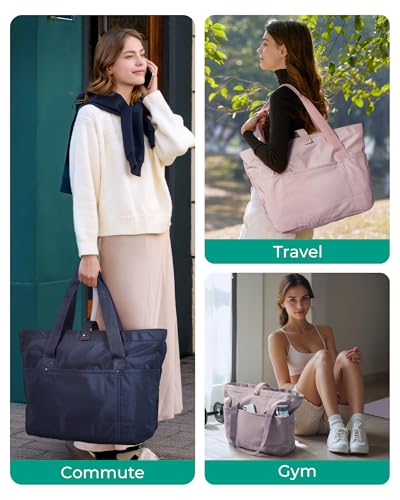 BAGSMART Tote Bag for Women, Foldable Tote Bag With Zipper Travel Shoulder Bag Handbag for Work - color: Navy Blue
