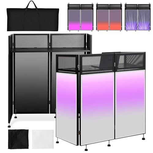 Kokorona Portable DJ Booth 43"L x 20"W x 45"H, DJ Facade Booth with Black & White Scrims, Folding DJ Booth for Party, DJ Facade Table Booth with Cable Hole, Black Metal Frame + Carry Bag - size: 43"L x 20"W