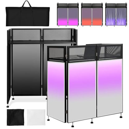 Kokorona Portable DJ Booth 43"L x 20"W x 45"H, DJ Facade Booth with Black & White Scrims, Folding DJ Booth for Party, DJ Facade Table Booth with Cable Hole, Black Metal Frame + Carry Bag - size: 43"L x 20"W