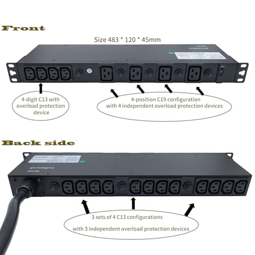 30A Rack PDU, L6-30P Power Distribution Unit with 16 C13 and 4 C19 Outlets, 7200W 1U 19 Inch Horizontal Rack Mount Power Strip with 8 Overload Protection Devices and Steel Housing - color: 16 C13 + 4 C19