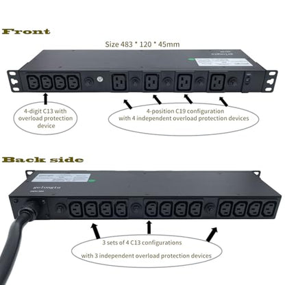 30A Rack PDU, L6-30P Power Distribution Unit with 16 C13 and 4 C19 Outlets, 7200W 1U 19 Inch Horizontal Rack Mount Power Strip with 8 Overload Protection Devices and Steel Housing - color: 16 C13 + 4 C19