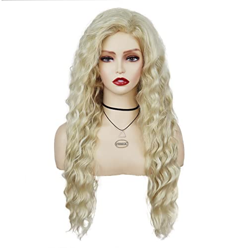 Womens Long Blonde Curly Wigs Wavy Fluffy Wig Soft Thick Body Wave Hair - color: Lightest Blonde