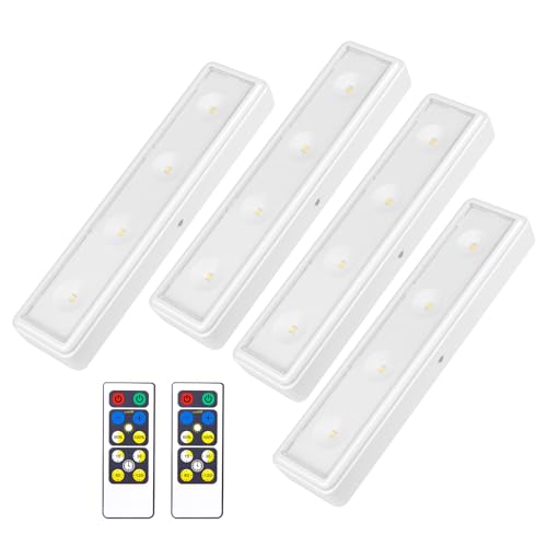 BIGMONAT Under Cabinet Lighting Wireless, Battery Operated Lights with Remote, 3000K Warm White Dimmable Push Light,80 Lumen Stick-On LED Lighting Bar for Shelf, Kitchen, Hallway, Pantry 4Pack - color: WHITE -4PK