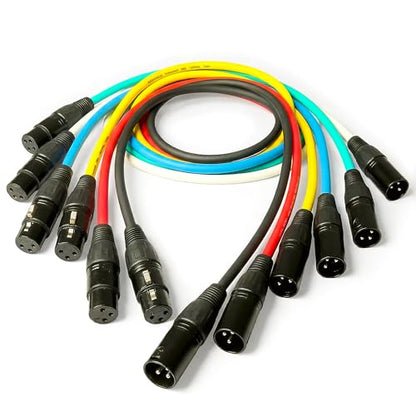 AxcessAbles 3-Pin XLR Male to XLR Female DMX Cables 6 Pack, 10-ft | DMX Lighting Cords | 22AWG Oxygen Free Cable Wiring, Multi-Color Pack (10-ft)