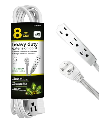 GoGreen Power (GG-19608) 16/3 8’ 3 Outlet Extension Cord, White, 8 Ft Cord - size: 8-feet