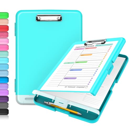 Sooez Clipboard with Storage, Clip Board 8.5 x 11 with Pen Holder, Plastic Organization Case Box for Letter Legal A4 Size Paper, Low Profile Clip, Nurses Teachers Must Haves, School & Office Supplies - color: Turquoise