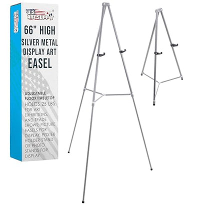 U.S. Art Supply 66" High Gallery Silver Metal Display Easel, Large | Adjustable Height Aluminum Portable Easel Stand, Sign Display, Holds 25 lbs - Floor & Tabletop Easels, Painting Stand