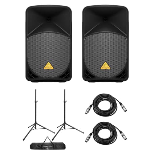 Behringer Eurolive B112W 12" 1000W 2-Way Active PA Powered Speaker, Pair, Bundle with Speaker Stands and XLR Cables