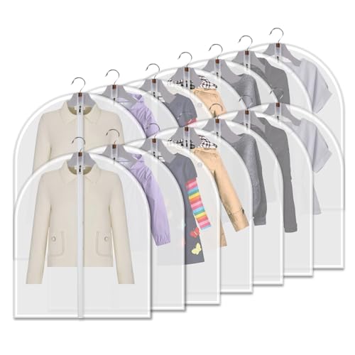 Garment Bags 12 Pack, 24x31 Inch Clothes Covers for Kids Clothes | Dust Proof Translucent PEVA, Full-Length #5 Zipper, 12 Clear Bags, for Kids' Clothing, Blouses and Small Closets - size: 24" x 31" 12 Piece Set