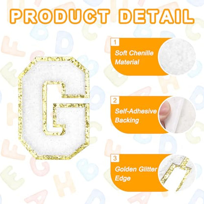 MECCANIXITY Chenille Letter Patches 2.2" Self Adhesive Alphabet G Stick on Embroidered Patch Sew on Letter Stickers Applique for Repairing Clothing Jeans Shoes Hats DIY(White, Pack of 8) - style: Letter G