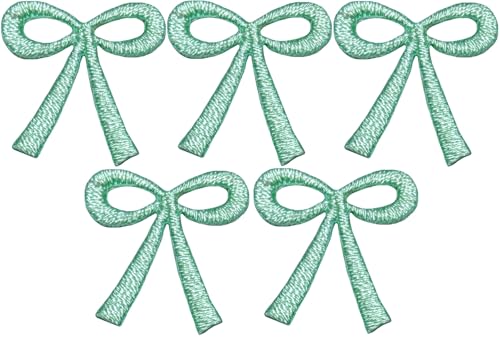 Set 5 of Small Cute Mini Ribbin Lovely Tie Bow Hair Rope Kids Children Tiny Decal Decorative Repair Clothing Bags Applique Sew Iron on Embroidered Patches (RIBBIN-01-MINI5) (Green) - color: Green
