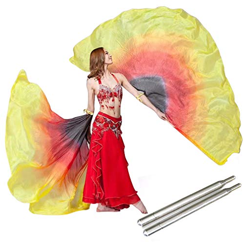 KIKIGOAL 100% Silk Belly Dance ISIS Wings Scarf Veil Fan with Telescopic Stick for Halloween Carnival Performance 1.4x2.7cm - color: Gradual Yellow
