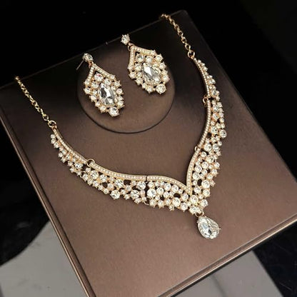 Tiaras Crowns for Women,Wedding Jewelry Set, Tiaras Necklace Earrings Crystal Bridal Wedding Jewelry Sets for Brides Bridesmaid Prom Costume Accessories - color: Gold whtie
