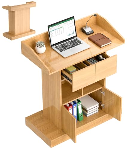 Wood Podium, Wooden Chuch Pulpit Stand, Podium with 3 Levels of Storage, Floor Standing for Office School Home Conference Restaurant Meeting (Yellow)