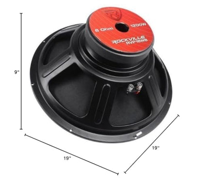 Rockville RVP18W8 18" Raw Replacement DJ PA Subwoofer, 8 Ohm | 1200W Peak / 600W RMS, 90 Oz Magnet, 3" CCAW Voice Coil, Paper Cone, Steel Basket, Banana Terminals, 26Hz-500Hz, 101dB - style: 8 Ohm