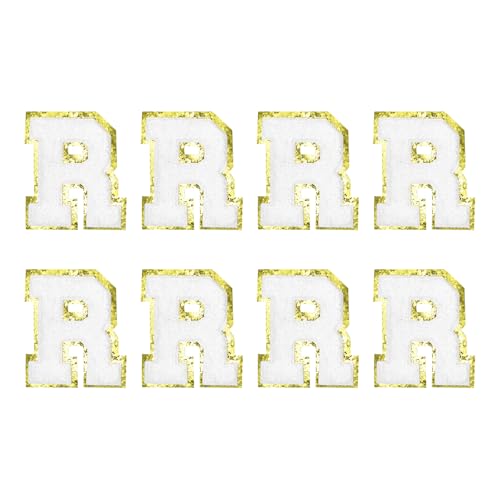 MECCANIXITY Chenille Letter Patches 2.2" Self Adhesive Alphabet R Stick on Embroidered Patch Sew on Letter Stickers Applique for Repairing Clothing Jeans Shoes Hats DIY(White, Pack of 8) - style: Letter R