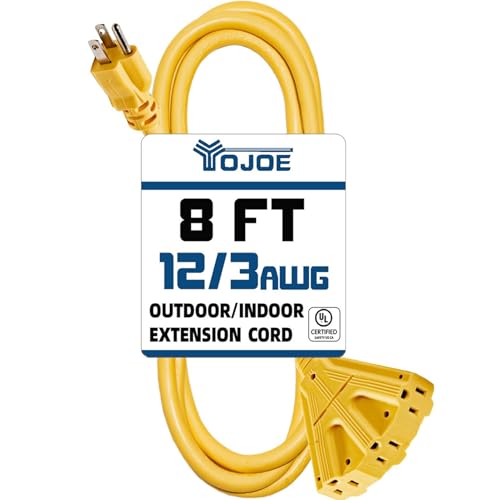 YOJOE 3-Outlets Indoor Outdoor Extension Cord, 3 Prong 15A Weatherproof Power Cord Multiple Outlets, 12 Gauge Heavy Duty 8 ft Yellow Extension Cord for Garage, Garden, 12/3 SJTW UL Certified - size: 8 Foot