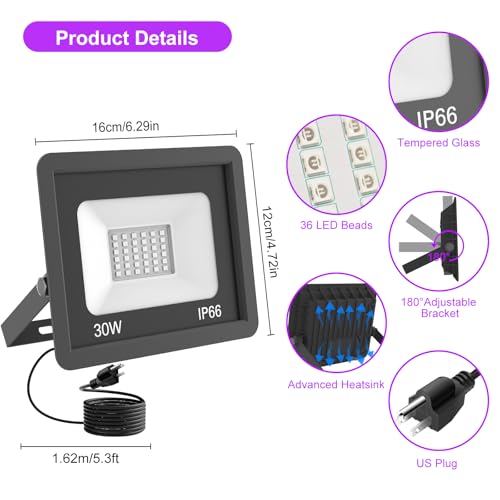 T-SUN 30W LED Black Lights 4 Pack, Blacklight Flood Light with Plug | Outdoor Waterproof Black Flood Lights for Halloween Decoration, Neon Glow for Party Fluorescent Poster, Body Paint