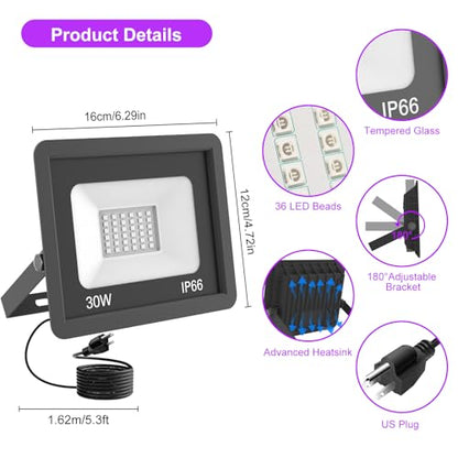 T-SUN 30W LED Black Lights 4 Pack, Blacklight Flood Light with Plug | Outdoor Waterproof Black Flood Lights for Halloween Decoration, Neon Glow for Party Fluorescent Poster, Body Paint