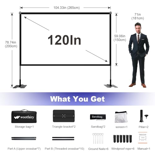 Wootfairy 120inch Portable Projector Screen Stand Heavy Iron Plate Base | Foldable Wrinkle-Free 16:9 4K Front/Rear Projection Movie Screen with Carry Bag for Indoor Outdoor Sport Game Viewing Camping