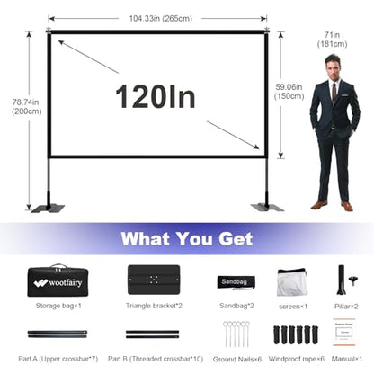 Wootfairy 120inch Portable Projector Screen Stand Heavy Iron Plate Base | Foldable Wrinkle-Free 16:9 4K Front/Rear Projection Movie Screen with Carry Bag for Indoor Outdoor Sport Game Viewing Camping