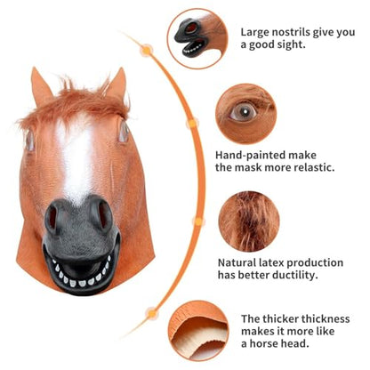 CreepyParty Horse Head Mask for Adults, Natural Latex Horse Costume Mask for Halloween Parties and Cosplay, Brown