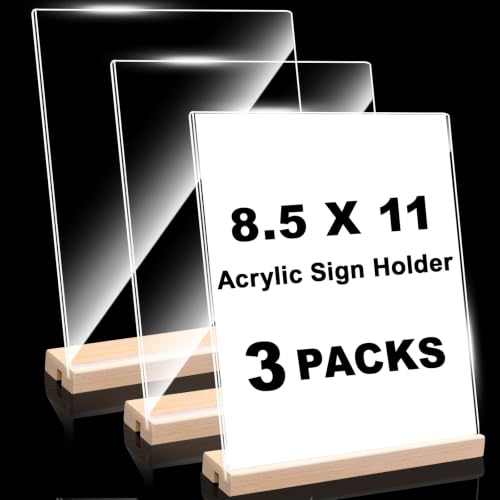Daletu Acrylic Sign Holder 8.5x11 with Wood Base | 3 Packs Acrylic Sign Display Stand, 2 in 1 Vertical or Slant Clear Tabletop Flyer Menu Holder, Plastic Picture Frame for Store, Office, Vendor, Party - size: 3PCS (8.5"x11"