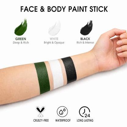SUNNYVALE 3pcs of Black, White and Green Facial and Body Painting Sticks, Hypoallergenic Foundation, Suitable for Skeletons, Witches, Zombies, Monsters, Cosplay, SFX Halloween Makeup Kit - color: White & Black & Green