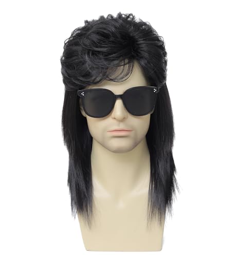 Men's 80s Black Rock Mullet Wig, Retro Voluminous Spiky Costume Wig, Ideal for Halloween, 80s Theme Parties, Rock Concerts and Cosplay (Black) - color: m2058-Black