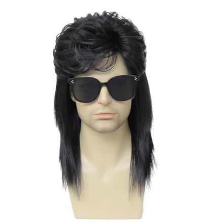 Men's 80s Black Rock Mullet Wig, Retro Voluminous Spiky Costume Wig, Ideal for Halloween, 80s Theme Parties, Rock Concerts and Cosplay (Black) - color: m2058-Black