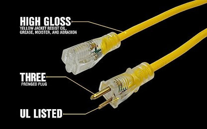 Yellow Jacket Heavy Duty Extension Cord, 25Ft, 12 Gauge, 3 Conductor, Lighted End, Weather Resistant, SJTW, Yellow, 2883 (Pack of 4) - size: 25 ft (Pack of 4)